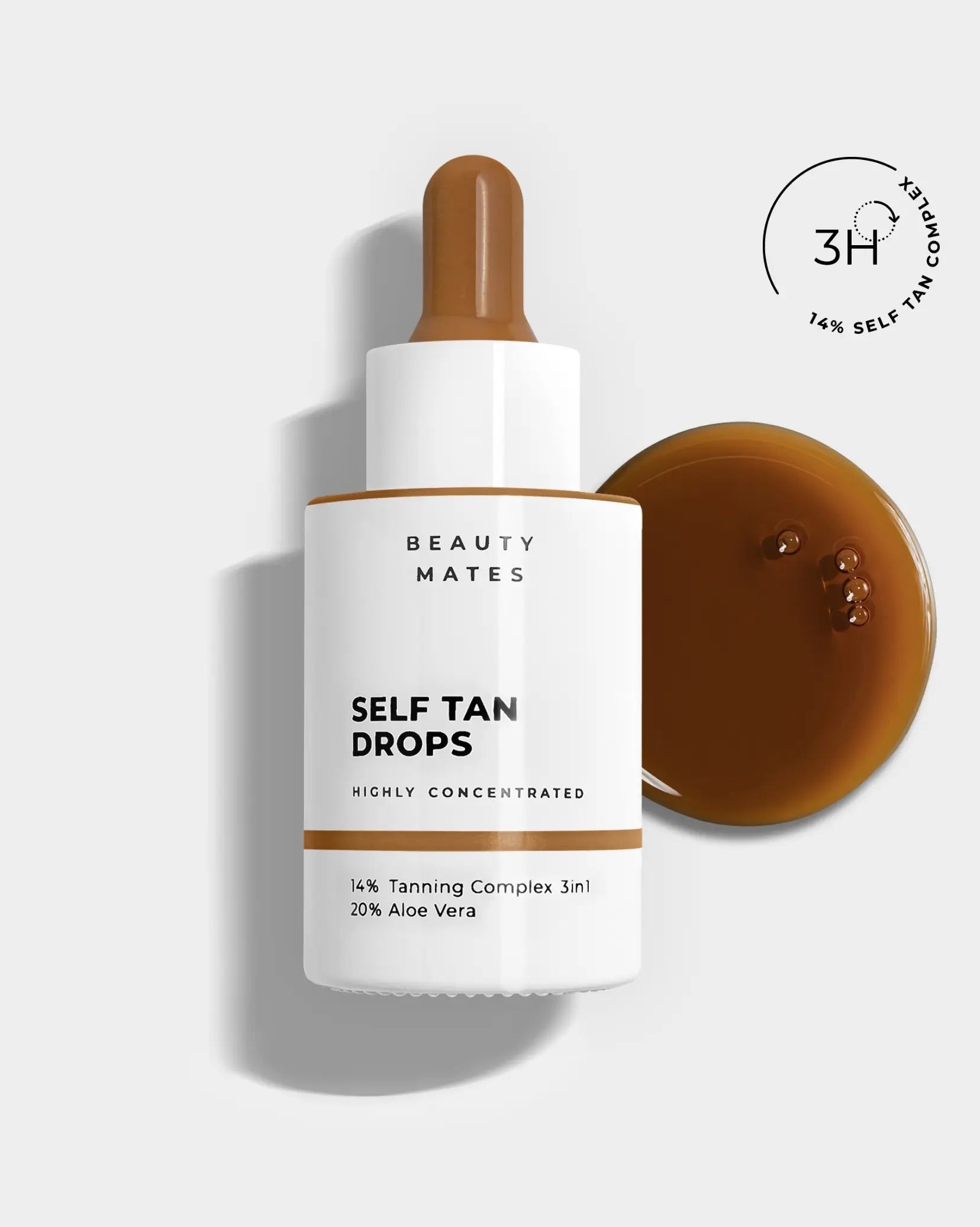 Beauty Mates Self Tan Drops - Hochkonzentriertes Selbstbräunungsserum mit 14% Tanning Complex 3in1 und 20% Aloe Vera, liegend dargestellt.