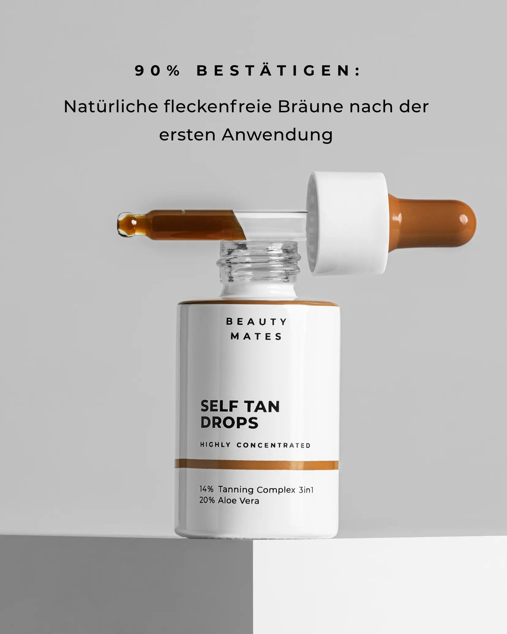 90% bestätigen: Natürliche, fleckenfreie Bräune nach der ersten Anwendung. Beauty Mates Self Tan Drops - Hochkonzentrierte Selbstbräuner-Tropfen mit 14% Tanning Complex 3in1 und 20% Aloe Vera.