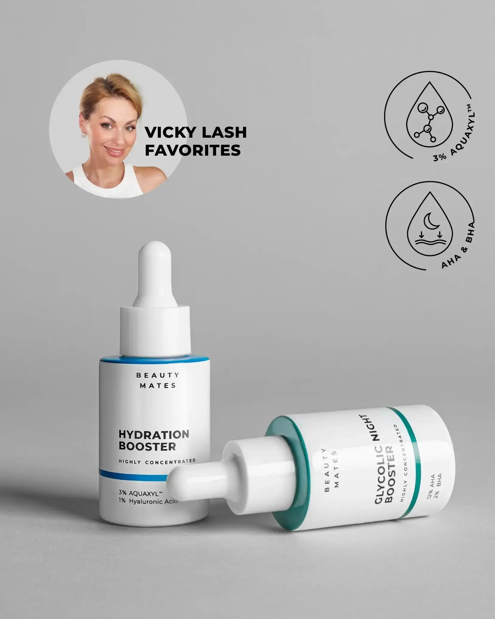 Beauty Mates Glycolic Night Booster und Hydration Booster, hochkonzentrierte Seren. Der Glycolic Night Booster enthält 12% AHA und 2% BHA zur nächtlichen Hauterneuerung, während der Hydration Booster mit 3% AQUAXYL™ und 1% Hyaluronsäure für intensive Feuchtigkeit sorgt.