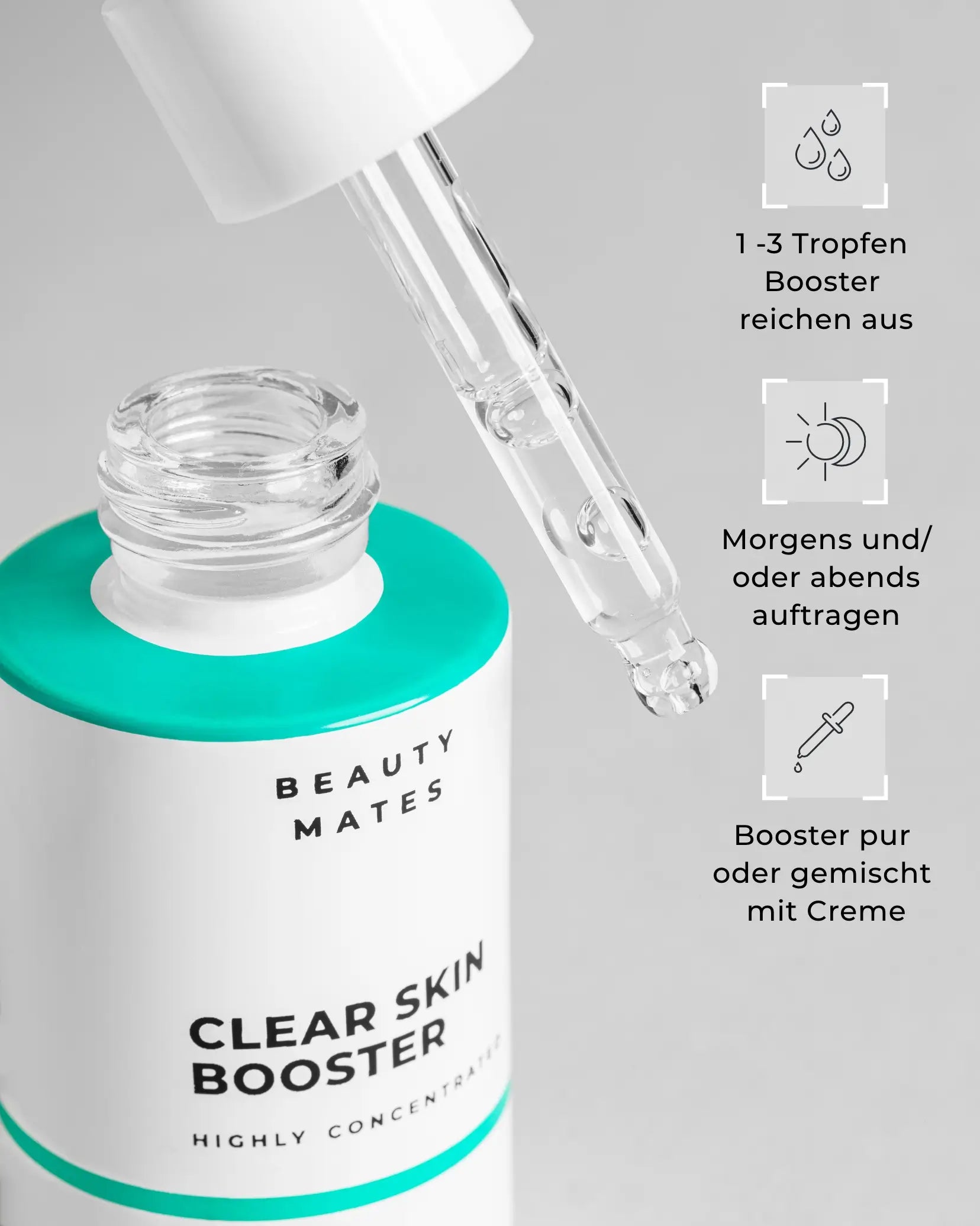 Nahaufnahme der Beauty Mates Clear Skin Booster Flasche mit Pipette und Dosierungshinweisen.