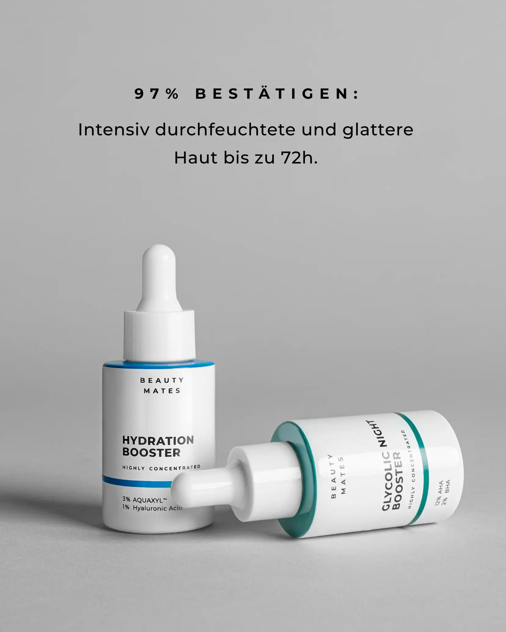 Beauty Mates Produkte Glycolic Night Booster und Hydration Booster, empfohlen von Vicky Lash. Das Bild zeigt die beiden Booster, angereichert mit AHA, BHA und Hyaluronsäure, neben einem Porträt von Vicky Lash und einer Hervorhebung der Inhaltsstoffe 0,3% Retinol, AHA & BHA